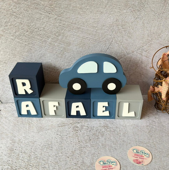 Carrinho Enfeite + Nomes em Cubo - Decoração Bebê