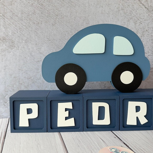 Carrinho Enfeite + Nomes em Cubo - Decoração Bebê