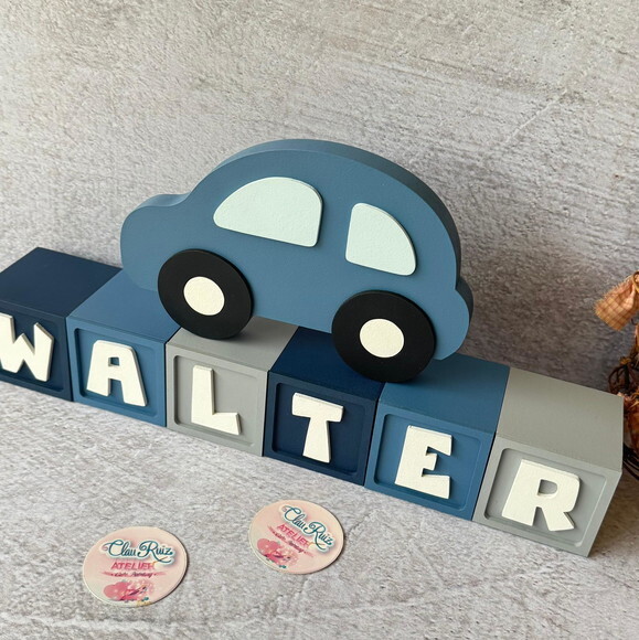 Carrinho Enfeite + Nomes em Cubo - Decoração Bebê