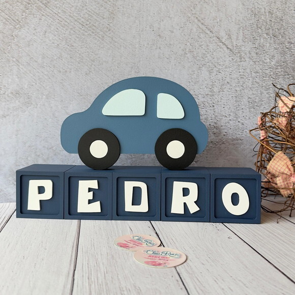 Carrinho Enfeite + Nomes em Cubo - Decoração Bebê