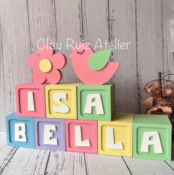 Cubos 8x8cm Candy Ts + Flor e Passarinho - Decoração Bebê
