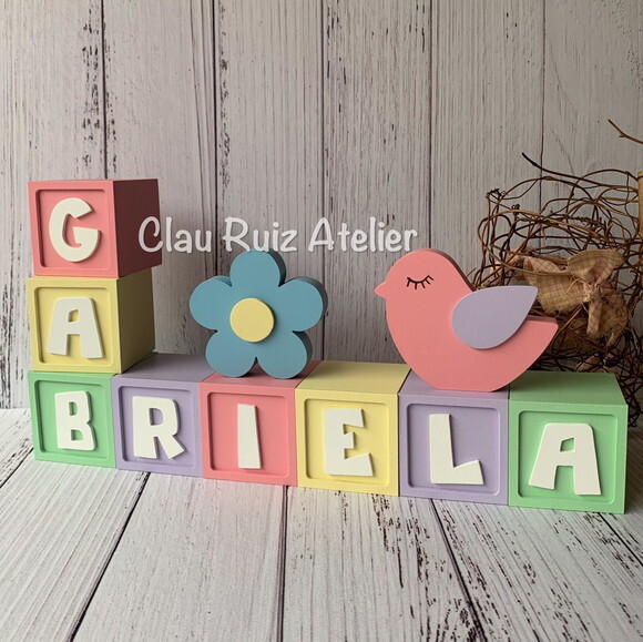 Decoração Bebê - Cubos 6x6cm Candy Ts + Passarinho + Flor