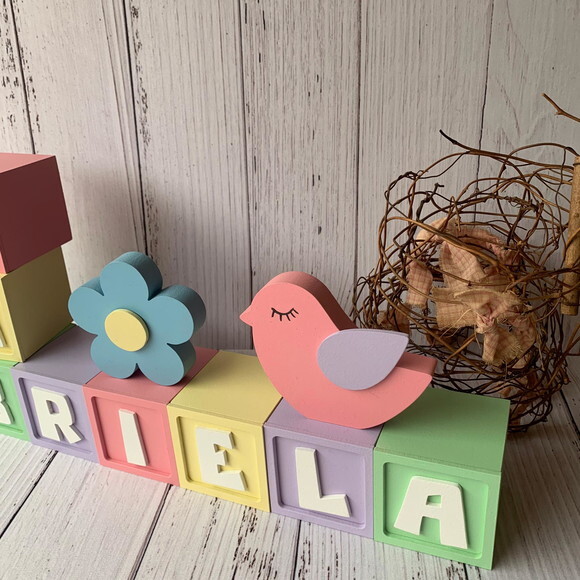 Decoração Bebê - Cubos 6x6cm Candy Ts + Passarinho + Flor