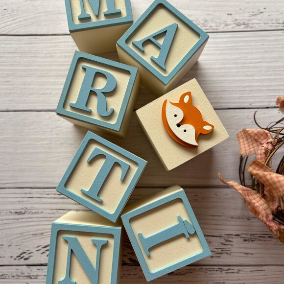 Decoração Bebê - Cubos 6x6cm Nome com Moldura Raposa