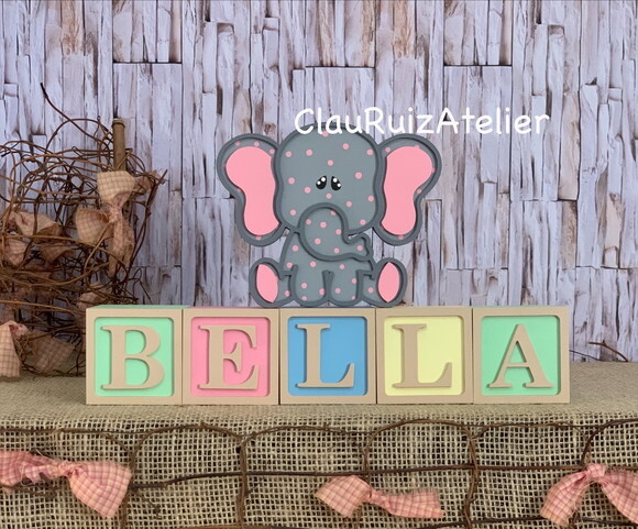 Decoração Bebê - Cubos 6x6cm Ts + Elefantinha Pi
