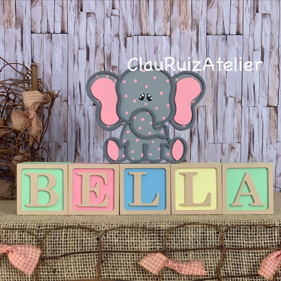 Decoração Bebê - Cubos 6x6cm Ts + Elefantinha Pi