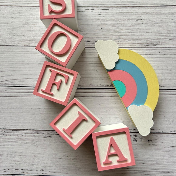 Decoração Bebê Candy Colors - Cubos 6x6cm Ts + Arco Íris.