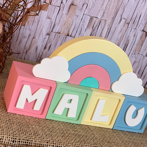 Decoração Bebê Candy Colors - Cubos 6x6cm Ts + Arco Íris.