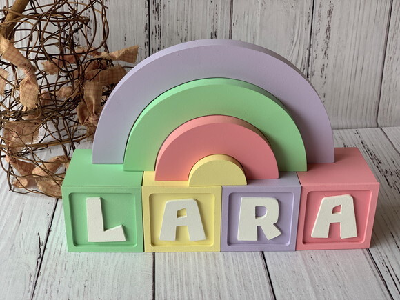 Decoração Bebê Candy Colors - Cubos 6x6cm Ts + Arco Íris.