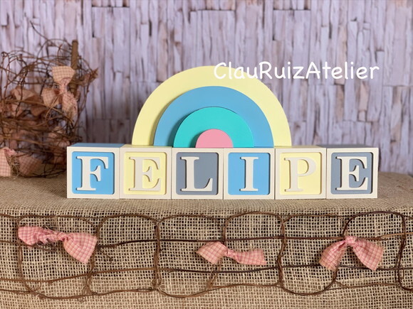 Decoração Bebê Candy Colors - Cubos 6x6cm Ts + Arco Íris.