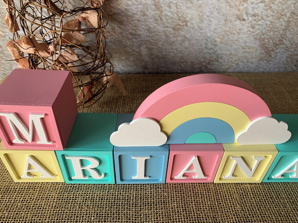 Decoração Bebê Candy Colors - Cubos 6x6cm Ts + Arco Íris.