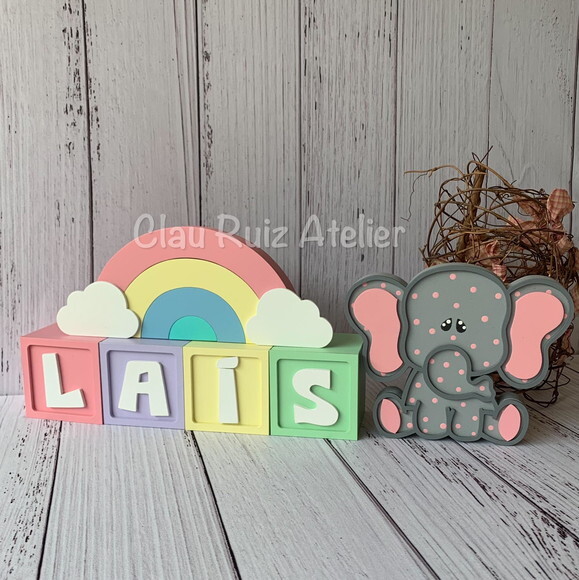 Decoração Bebê Candy Cubos 6x6cm Ts + Arco Íris+ Elefante Pi