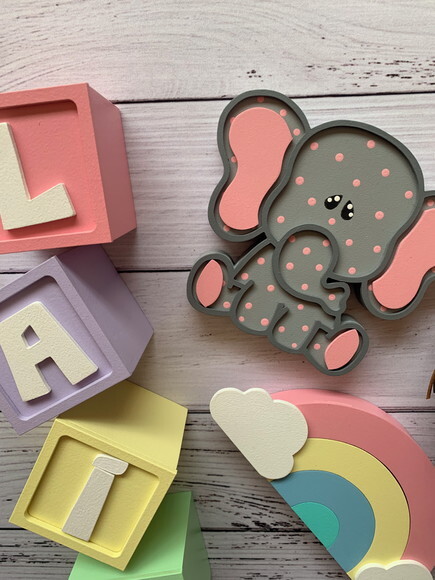 Decoração Bebê Candy Cubos 6x6cm Ts + Arco Íris+ Elefante Pi
