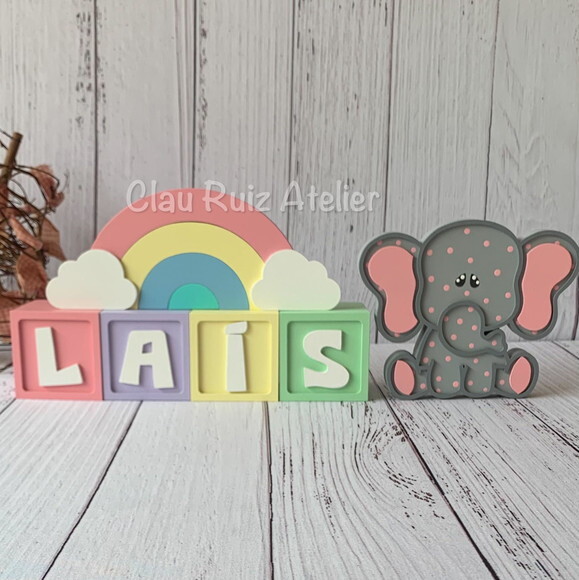 Decoração Bebê Candy Cubos 6x6cm Ts + Arco Íris+ Elefante Pi
