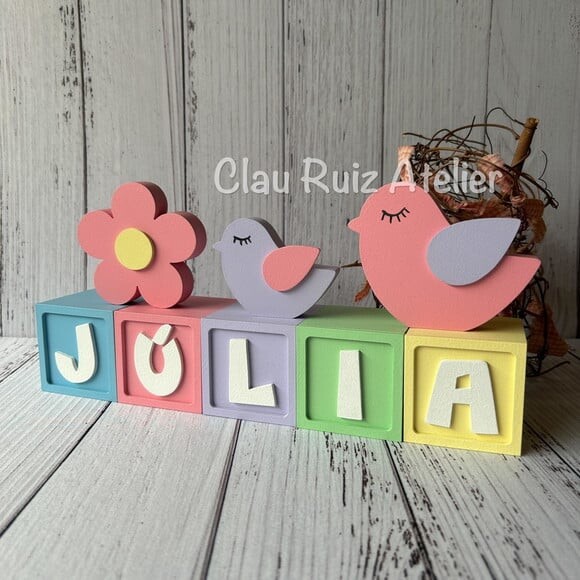 Decoração Bebê Cubos 6x6cm Candy+ Dupla de Passarinho e Flor