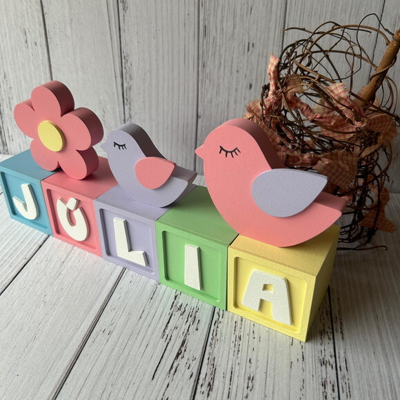 Decoração Bebê Cubos 6x6cm Candy+ Dupla de Passarinho e Flor