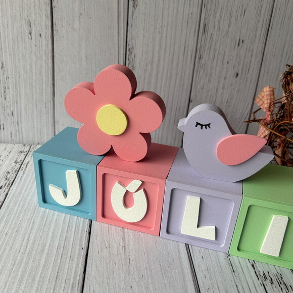 Decoração Bebê Cubos 6x6cm Candy+ Dupla de Passarinho e Flor