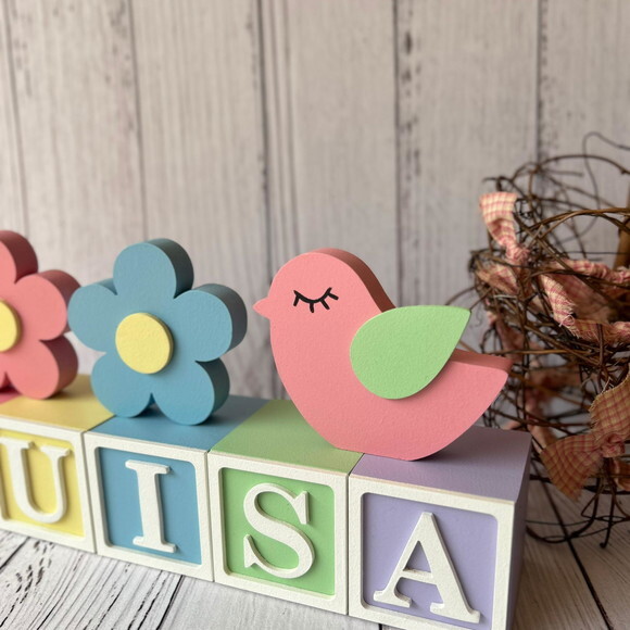 Decoração Bebê Cubos 6x6cmcandy T+dupla de Flor e Passarinho