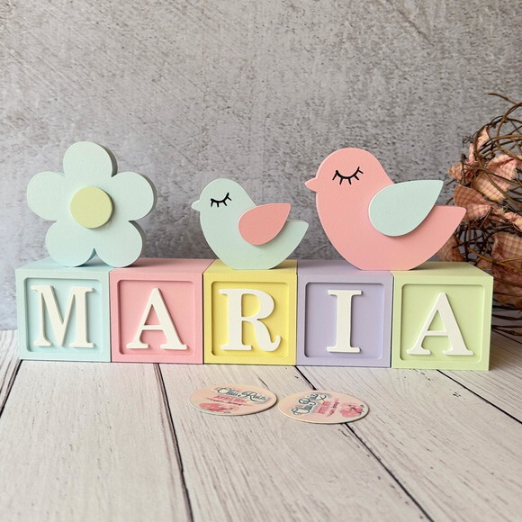 Flor e Passarinhos + Cubos 6x6cm Ts - Pastel Decoração Bebê
