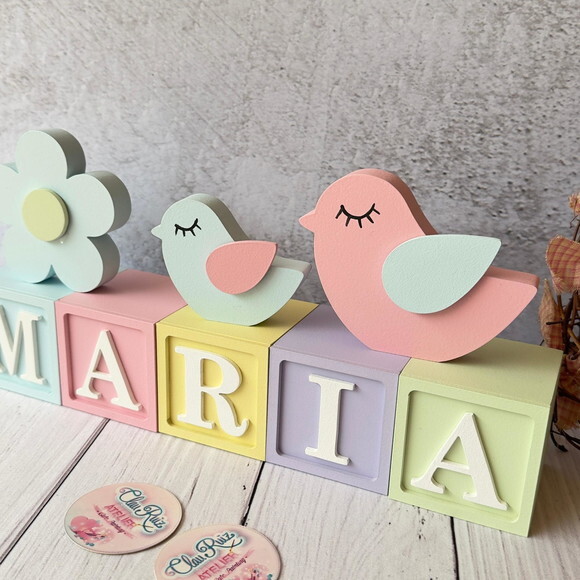 Flor e Passarinhos + Cubos 6x6cm Ts - Pastel Decoração Bebê