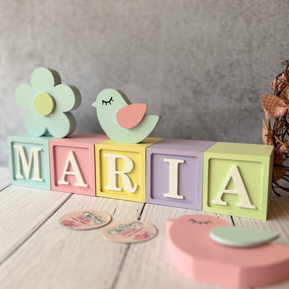 Flor e Passarinhos + Cubos 6x6cm Ts - Pastel Decoração Bebê