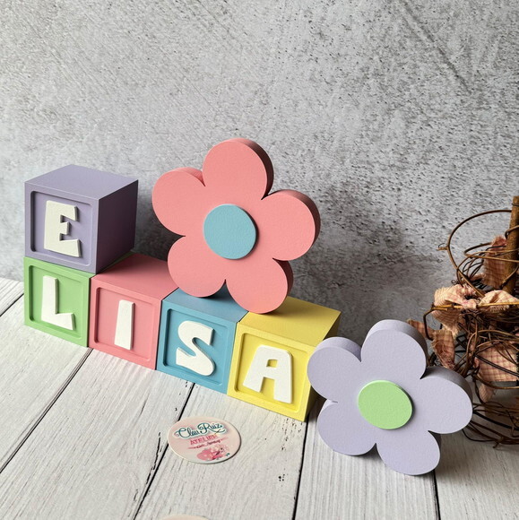 Flores + Cubos 6x6cm Candy Ts Decoração Bebê Pastéis