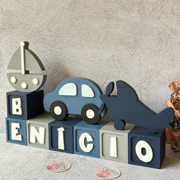 Meios de Transporte + Nomes em Cubo - Decoração Bebê