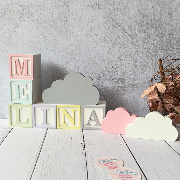 Nuvem Trio Decoração Bebê + Cubos 6x6cm Candy Ts