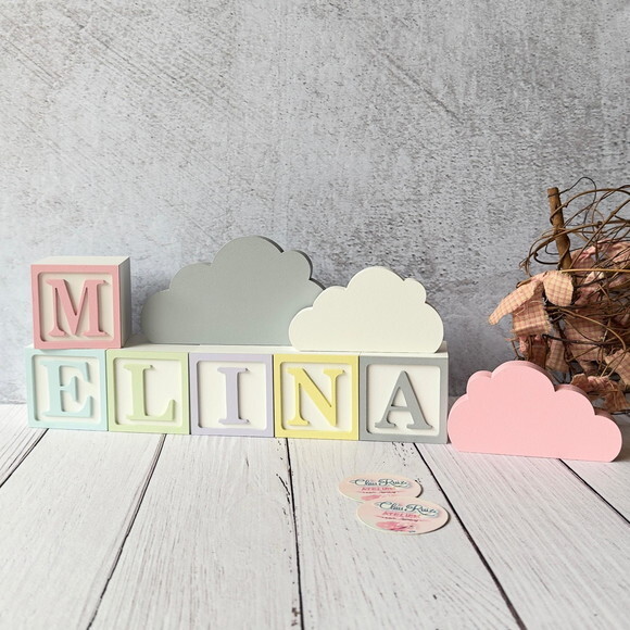 Nuvem Trio Decoração Bebê + Cubos 6x6cm Candy Ts