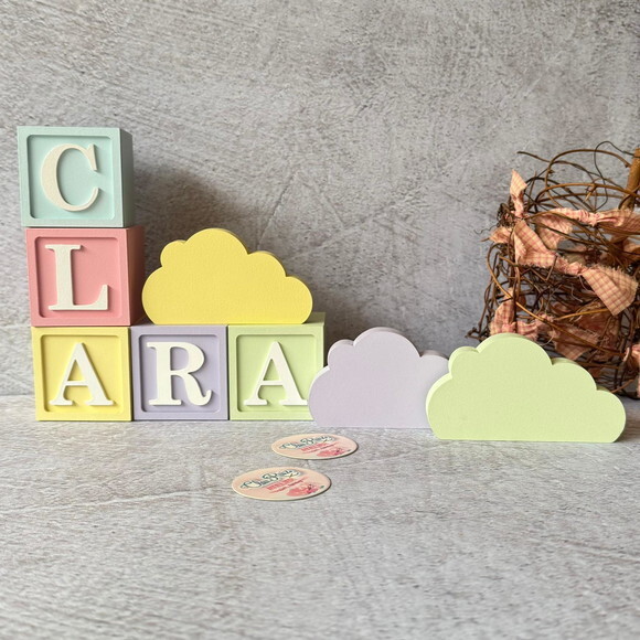 Nuvem Trio Decoração Bebê + Cubos 6x6cm Pastel Ts