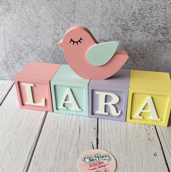 Passarinho + Cubos 6x6cm Ts - Pastel Decoração Bebê