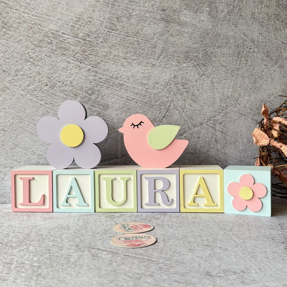 Passarinho e Flor Cubos 6x6cms Decoração Bebê e Maternidade