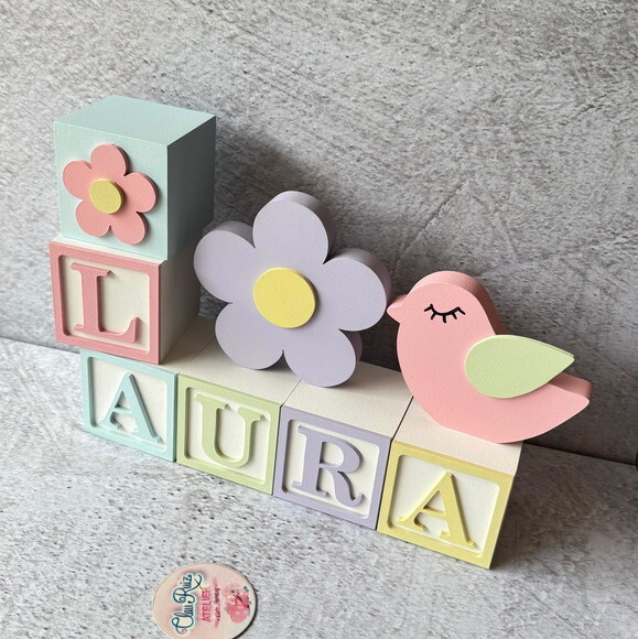 Passarinho e Flor Cubos 6x6cms Decoração Bebê e Maternidade