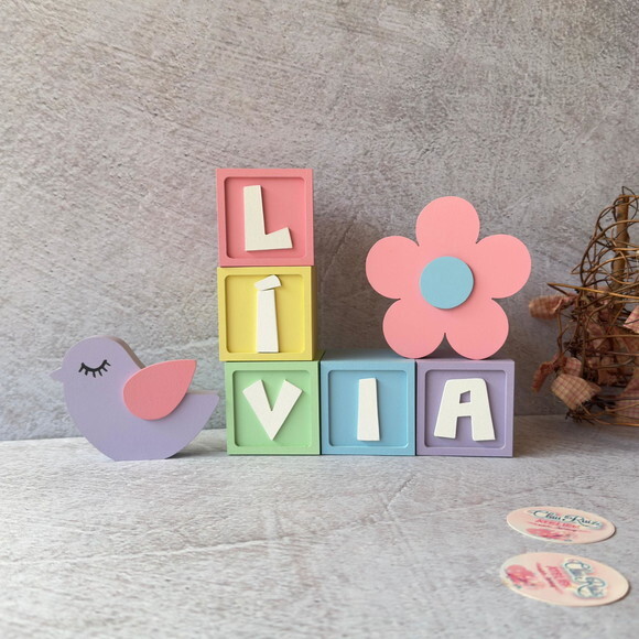 Passarinho e Flor Cubos 6x6cmts Decoração Bebê e Maternidade