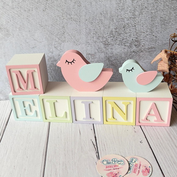 Passarinhos + Cubos 6x6cm Ts - Pastel Decoração Bebê