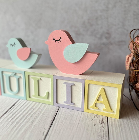 Passarinhos + Cubos 6x6cm Ts - Pastel Decoração Bebê