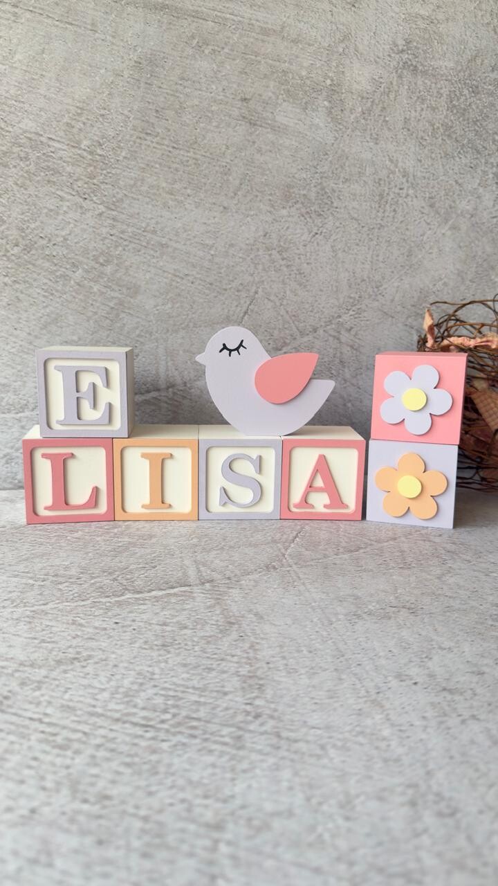 Passarinho + Cubos 6x6cm Ts - Decoração Bebê e Maternidade
