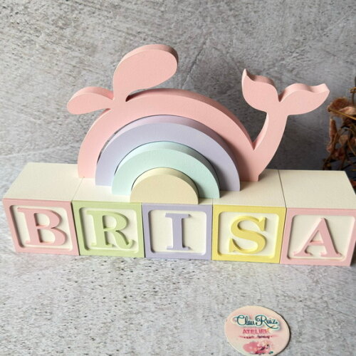 Baleia + Cubos 6x6cm Ts Decoração Bebê Fundo do Mar