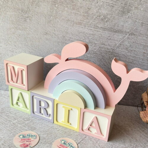 Baleia + Cubos 6x6cm Ts Decoração Bebê Fundo do Mar