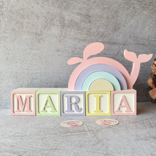 Baleia + Cubos 6x6cm Ts Decoração Bebê Fundo do Mar