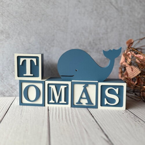 Baleia + Cubos 6x6cm Ts Decoração Bebê Fundo do Mar