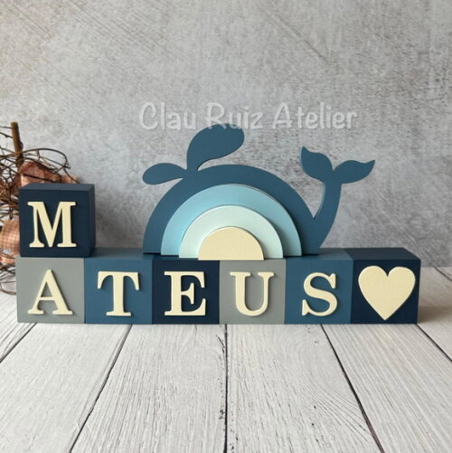 Baleia + Cubos 6x6cm Ts Decoração Bebê Fundo do Mar