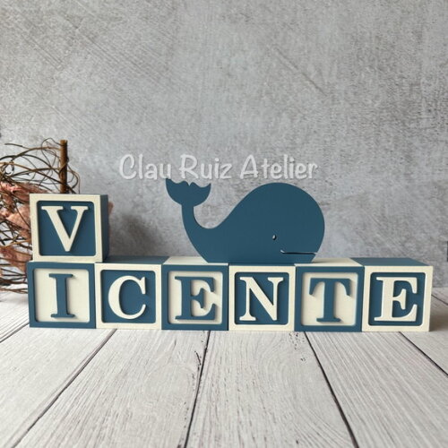 Baleia + Cubos 6x6cm Ts Decoração Bebê Fundo do Mar