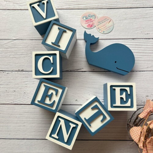 Baleia + Cubos 6x6cm Ts Decoração Bebê Fundo do Mar