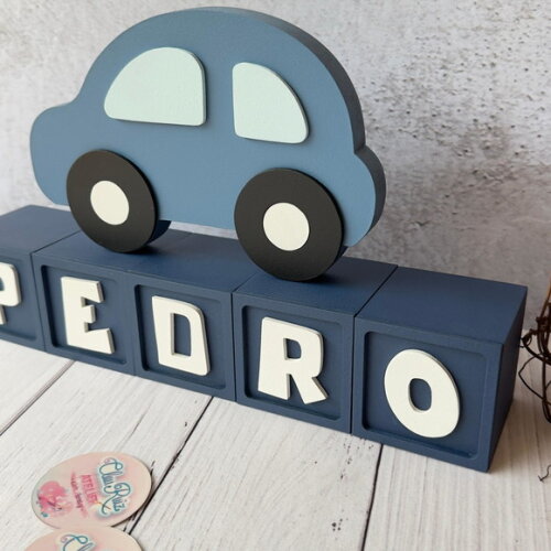 Carrinho Enfeite + Nomes em Cubo - Decoração Bebê