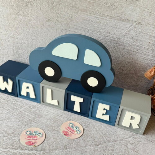 Carrinho Enfeite + Nomes em Cubo - Decoração Bebê
