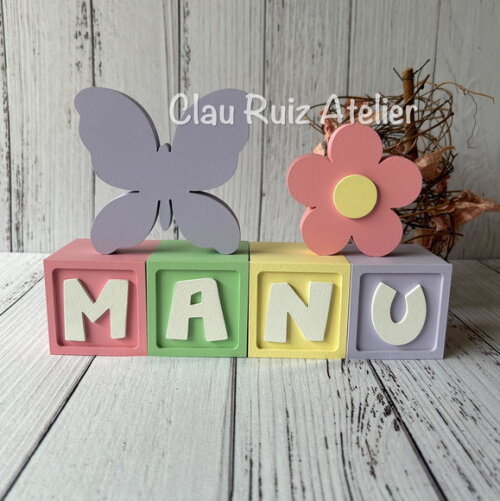 Decoração Bebê - Cubos 6x6cm Candy Ts + Borboleta + Flor