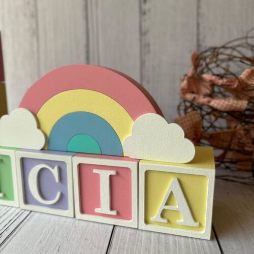 Decoração Bebê Candy Colors - Cubos 6x6cm Ts + Arco Íris.