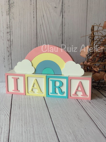 Decoração Bebê Candy Colors - Cubos 6x6cm Ts + Arco Íris.