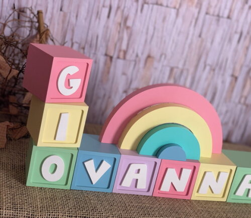 Decoração Bebê Candy Colors - Cubos 6x6cm Ts + Arco Íris.